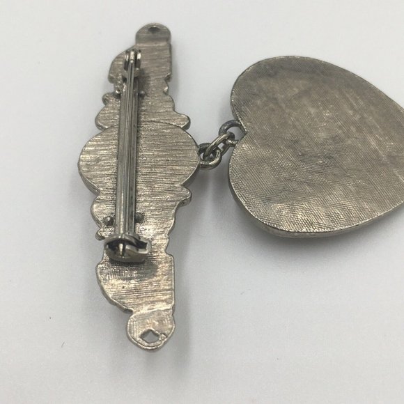 SILVER Tone Brocade Dangle Charm HEART BROOCH, Pink Plastic CABOCHON, Valentine - Picture 5 of 8